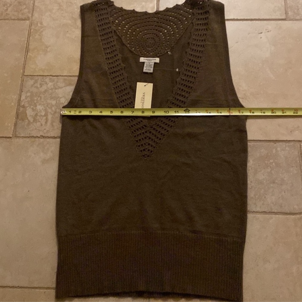 Vertigo Paris $160 NWT Angora Sleeveless Crochet Sweater Vest Tunic Olive Tan M - Picture 9 of 13